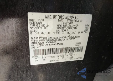 2014 Ford Explorer Limited from USA, damaged, VIN 1FM5K7F80EGC35305